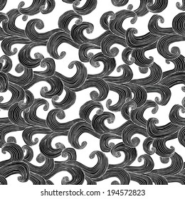 Curly plant seamless pattern in black and white is hand drawn ink illustration. Illustration is in eps8 vector mode, background on separate layer. 