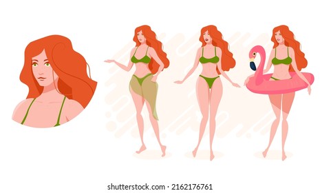 Chica de cabello rizado con pecas en un bikini verde. Tres poses.