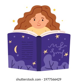 Curly red-haired girl reads a big fantasy book. Reading before bed.Children's book illustration.