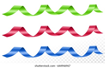 Curly ribbon serpentine confetti on transparent background. For decoration party, holiday event, carnival, birthday, christmas, New Year greeting. Vector