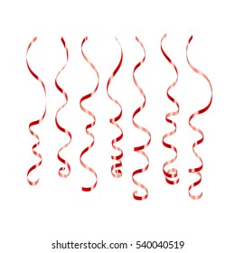 Curly ribbon serpentine confetti. Red streamers set on white background. Colorful design decoration for party, holiday event, carnival, Christmas, New Year greeting. Vector illustration