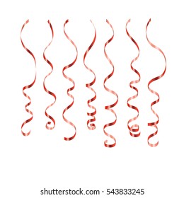 Curly ribbon serpentine confetti. Red streamers set on white background. Colorful design decoration for party, holiday event, carnival, Christmas, New Year greeting. Vector illustration