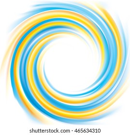 Curly ripple backdrop with space for text in glowing white center. Whorl plastic surface. Cycle mix of national Ukrainian flag symbolic colors: bright golden and light cyan
