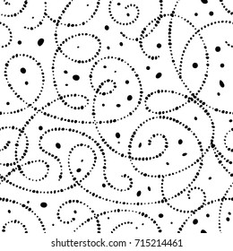 Curly seamless pattern with elements of memphis design. Endless black and white vector illustration