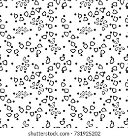 Curly seamless pattern with elements of memphis design. Endless black and white vector illustration