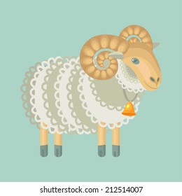 curly sheep with bell isolated