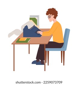 Curly smiling boy making text on typewriter flat style, vector illustration isolated on white background. Copywriter work, creative process, freelancer