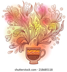 Curly and steamy ornamental mug of coffee. Tea party.