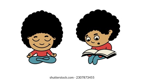 Curly swarthy boy with a book. Cute character is meditating and reading. Flat vector color illustration with outline.	