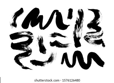 Curly and swirl brush strokes collection isolated on white background. Black paint, ink brush stroke, mascara, vector line or texture. Grungy artistic design elements or background for text.