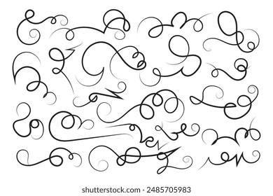 Curly swirl decorative swishes, Hand drawn calligraphy lettering ornate strokes, flourish swirling squiggle Highlight Swoosh typography text elements. Pen Filigree flourishes vintage scrolls



