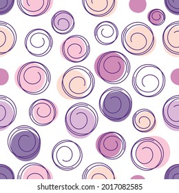 Curly swirl and polka dot pattern seamless vector template on white background