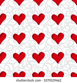 Curly or Swirly Background with 3d Hearts. Abstract Vector Seamless Pattern