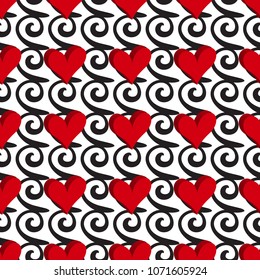 Curly or Swirly Background with 3d Hearts. Abstract Vector Seamless Pattern