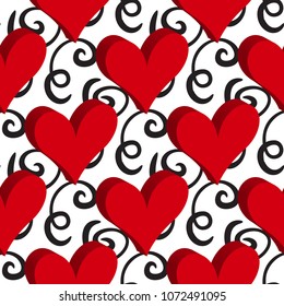Curly or Swirly Background with 3d Hearts. Abstract Vector Seamless Pattern