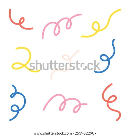 Curly and Swirly Line Elements. A set of nine playful curly and swirly line elements in various shapes and orientations, perfect for backgrounds, graphic accents, or creative design projects