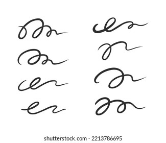 Curly swishes, swashes, swoops hand drawn collection. Calligraphy swirl. Highlight text elements. Vector illustration set.