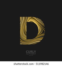 Curly textured Letter D. Typographic vector element for design. Part of marble or acrylic texture imitation textured alphabet. Letter D with diffusion lines swirly pattern. Vector illustration