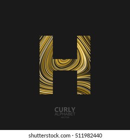 Curly textured Letter H. Typographic vector element for design. Part of marble or acrylic texture imitation textured alphabet. Letter H with diffusion lines swirly pattern. Vector illustration