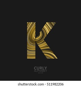 Curly textured Letter K. Typographic vector element for design. Part of marble or acrylic texture imitation textured alphabet. Letter K with diffusion lines swirly pattern. Vector illustration
