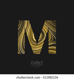 Curly textured Letter M. Typographic vector element for design. Part of marble or acrylic texture imitation textured alphabet. Letter M with diffusion lines swirly pattern. Vector illustration