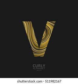 Curly textured Letter V. Typographic vector element for design. Part of marble or acrylic texture imitation textured alphabet. Letter V with diffusion lines swirly pattern. Vector illustration
