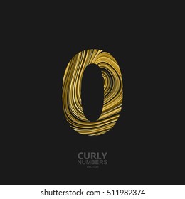Curly textured number 0. Typographic vector element for design. Part of marble or acrylic texture imitation textured alphabet. Digit zero with diffusion lines swirly pattern. Vector illustration