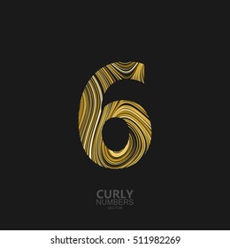 Curly textured number 6. Typographic vector element for design. Part of marble or acrylic texture imitation textured alphabet. Digit six with diffusion lines swirly pattern. Vector illustration