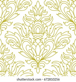 Curly thin line damask seamless pattern. Infinity background, floral ornament. Vector illustration.