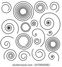 Curly thin lines swirls collection, isolated on white background.