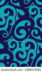 Curly two tone blue, almost monochrome, seamless vector pattern that is endless curves and scrolls and resembles the ocean. Hand drawn.