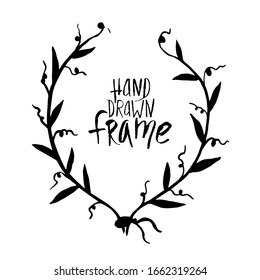 Curly vector floral frame with place for text. Traced drawing of a vegetable rounded frame with a mets for text
