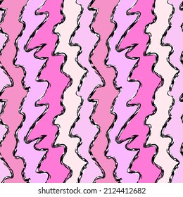 Curly vertical textured stroke lines, shades of pink seamless background. Tender feminine print. Abstract decorative vector pattern for textile, surface, graphic design.
