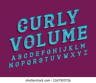 Curly volume isolated english alphabet. 3d blue letters vintage font.