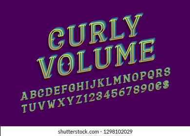 Curly volume letters with numbers and currency signs. Volumetric gradient font. Isolated english alphabet.