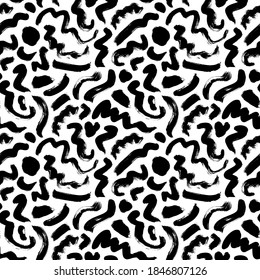 Olas de curvas con círculos dibujados a mano sin costuras. Textura vectorial de brocha de tinta gruesa. Líneas onduladas negras sobre fondo blanco. Dibujar el dibujo a mano alzada con pinceles. Papel de envoltura abstracto, diseño textil