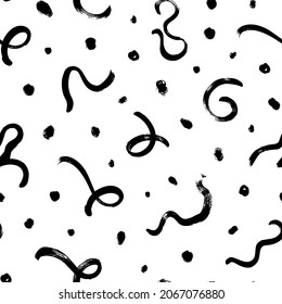 Olas de rizo y puntos dibujados a mano sin fisuras. Textura vectorial de grunge de tinta negra. El pincel ondulado se pincha sobre fondo blanco. Sueñas y florece, líneas en bucle. Papel de envoltura abstracto, textil