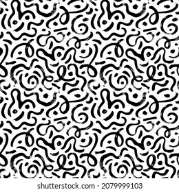 Curly waves and dots hand drawn seamless pattern. Black ink grunge vector texture. Wavy brush strokes on white background. Swooshes and flourishes, looping lines. Abstract wrapping paper, textile