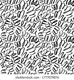 Curly waves hand drawn seamless pattern. Ink brush grunge vector texture. Black wavy lines on white background. Paint brushstrokes freehand drawing. Abstract wrapping paper, textile monochrome design.
