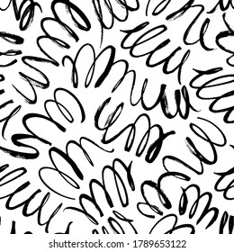 Curly Wellen handgezeichnet nahtlose Muster. Farbpinsel, Vektorstruktur. Schwarze, gewellte Linien auf weißem Hintergrund. Pinselstrich Pinselstriche sind frei und zeichnen. Abstraktes Verpackungspapier, monochrome Textilkonstruktion.