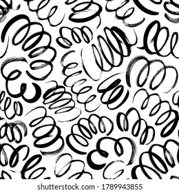 Curly waves hand drawn seamless pattern. Ink brush grunge vector texture. Black wavy lines on white background. Paint brushstrokes freehand drawing. Abstract wrapping paper, textile monochrome design.