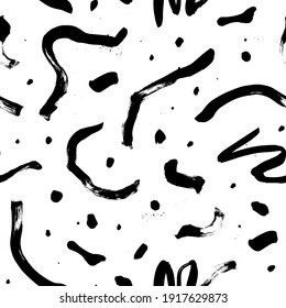 Curly waves hand drawn seamless pattern with dots. Ink brush grunge vector texture. Black wavy lines on white background. Paint brushstrokes freehand drawing. Abstract wrapping paper, textile design.