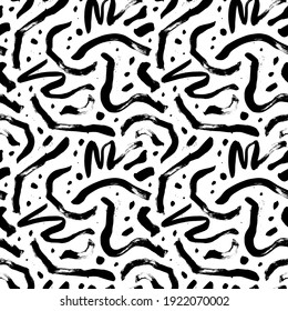 Curly waves hand drawn seamless pattern with dots. Ink brush grunge vector texture. Black wavy lines on white background. Paint brushstrokes freehand drawing. Abstract wrapping paper, textile design.