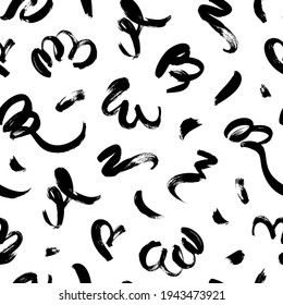 Curly waves hand drawn seamless pattern. Ink brush grunge vector texture. Black wavy lines on white background. Paint brushstrokes freehand drawing. Abstract wrapping paper, textile monochrome design
