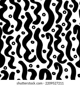 Curly waves hand drawn seamless pattern. Hand drawn curved and wavy lines with grunge circles. Ink brush grunge vector texture. Paint brushstrokes freehand drawing. Abstract wrapping paper, textile.
