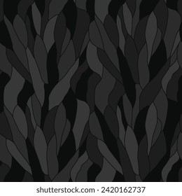 Curly waves tracery, black and gray curved lines, stylized abstract petals camouflage pattern. Leaflets camo texture wallpapers for printing on paper or fabric. Vector seamless background