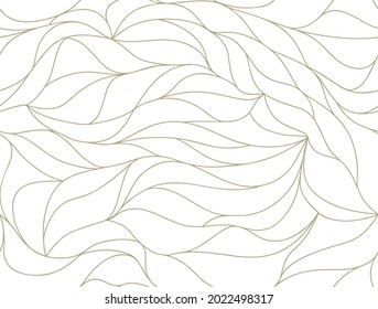 Curly waves tracery, curved lines, stylized abstract petals pattern. Seamless leaf background. Golden outline white texture. Organic wallpapers for printing on paper or fabric. Vector