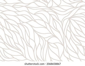 Curly waves tracery, curved lines, stylized abstract petals pattern. Seamless leaf background. Beige outline white texture. Organic wallpapers for printing on paper or fabric. Vector