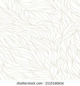 Curly waves tracery, curved lines, stylized abstract petals pattern. Seamless leaf background. Golden outline white texture. Organic wallpapers for printing on paper or fabric. Vector