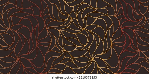 Tracería de ondas rizadas, líneas curvas, patrón de pétalos abstractos estilizados. Fondo de hoja sin fisuras. Contorno dorado y textura roja. Fondos de pantalla orgánicos para imprimir en papel o tela. Vector